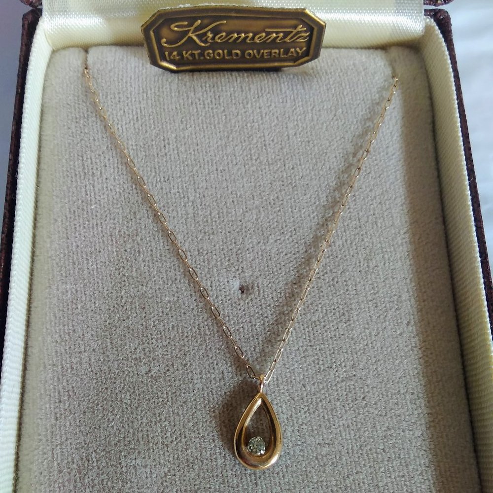 Vintage Krementz Teardrop Necklace 14K Gold Overla